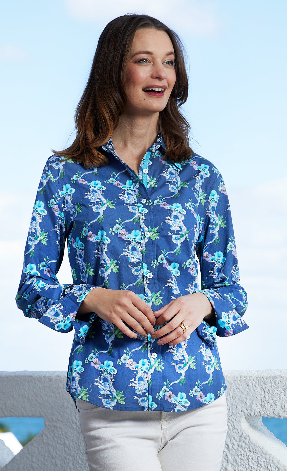 Dizzy-Lizzie Rome Shirt in navy ground with dragon print, stylish casual shirt for men or women, detailed fabric design.