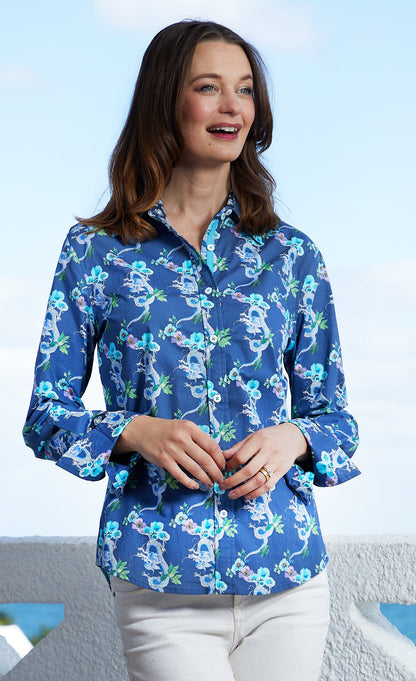 Dizzy-Lizzie Rome Shirt in navy ground with dragon print, stylish casual shirt for men or women, detailed fabric design.