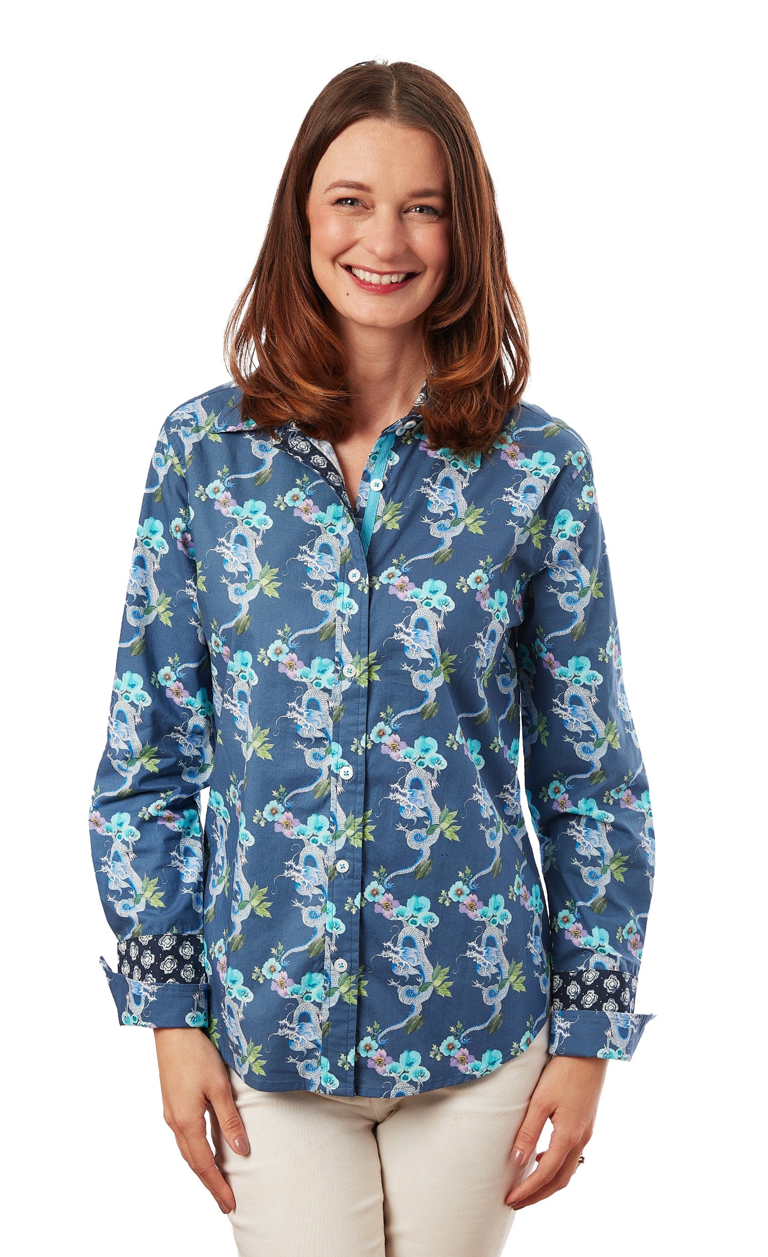 Navy Rome Shirt with dragon motifs by Dizzy-Lizzie, featuring detailed dragon designs on lightweight fabric.