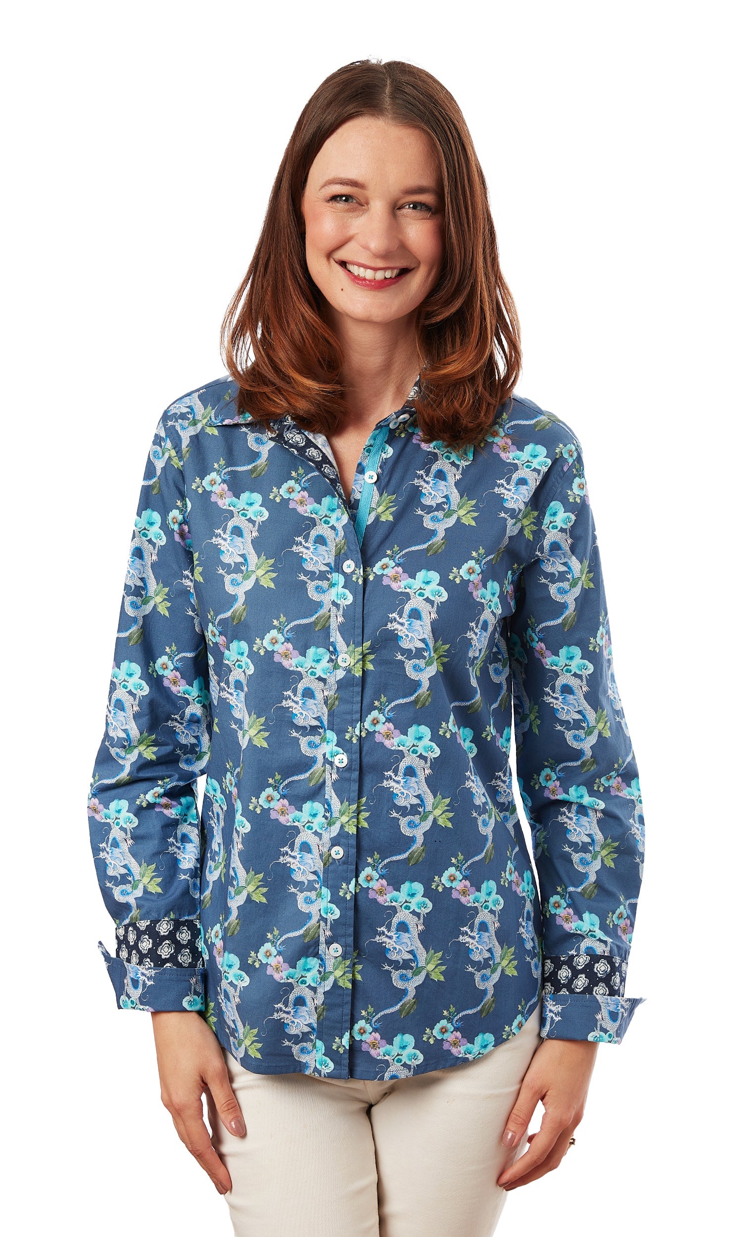 Navy Rome Shirt with dragon motifs by Dizzy-Lizzie, featuring detailed dragon designs on lightweight fabric.