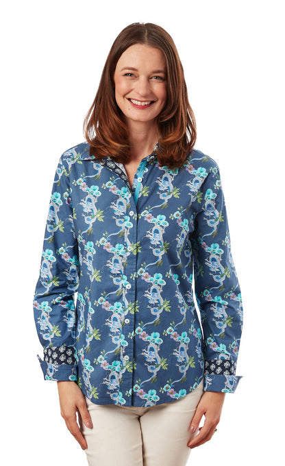Navy Rome Shirt with dragon motifs by Dizzy-Lizzie, featuring detailed dragon designs on lightweight fabric.