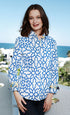 Dizzy-Lizzie Rome Shirt in navy and white geo print cotton sateen with stretch, featuring a casual button-up design.