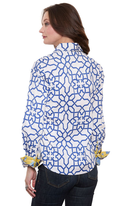 Dizzy-Lizzie Rome navy and white geo print cotton sateen shirt with stretch, featuring a stylish and comfortable fit.