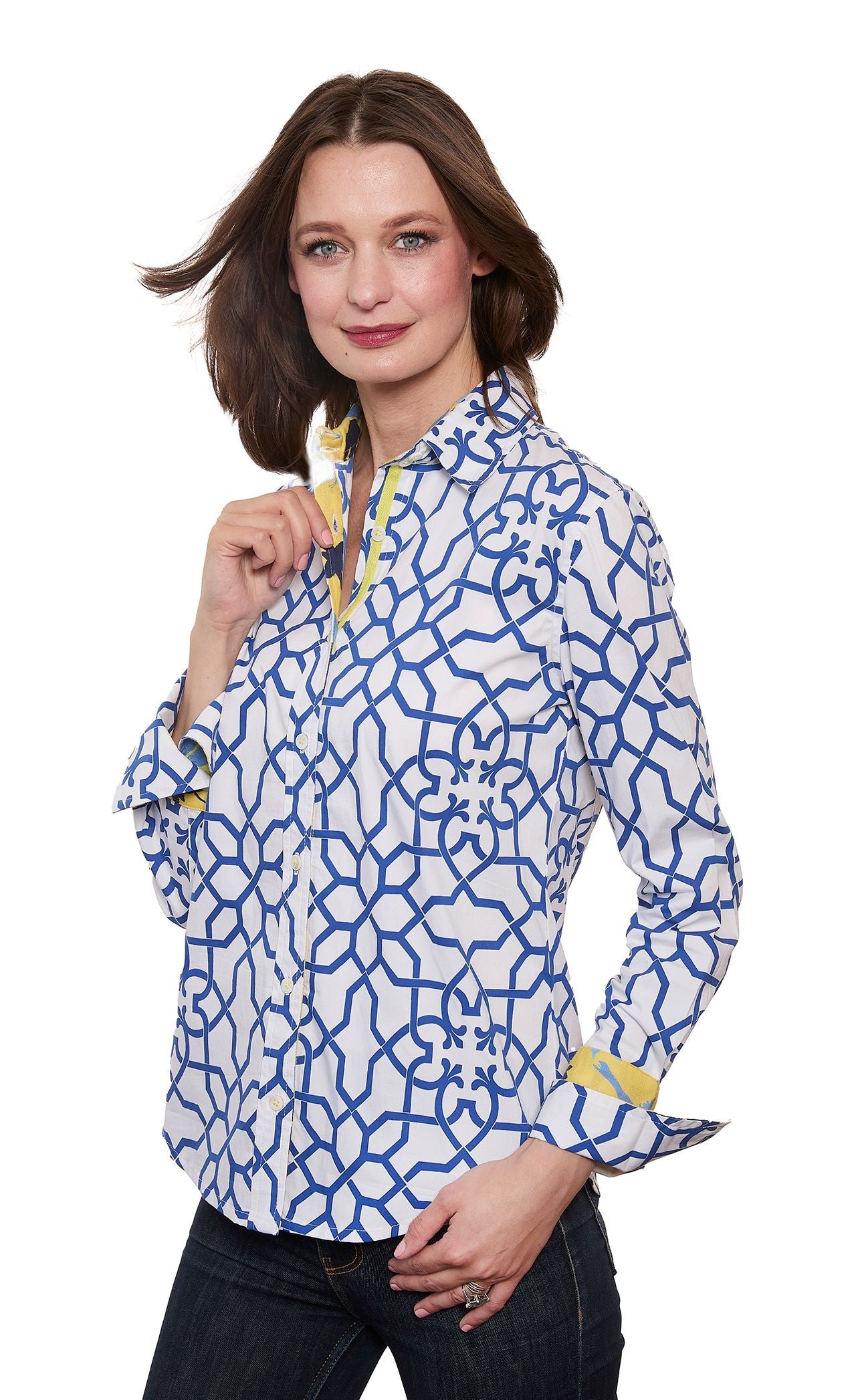 Navy and white geo print cotton sateen shirt by Dizzy-Lizzie featuring stretch fabric and a stylish, modern design.