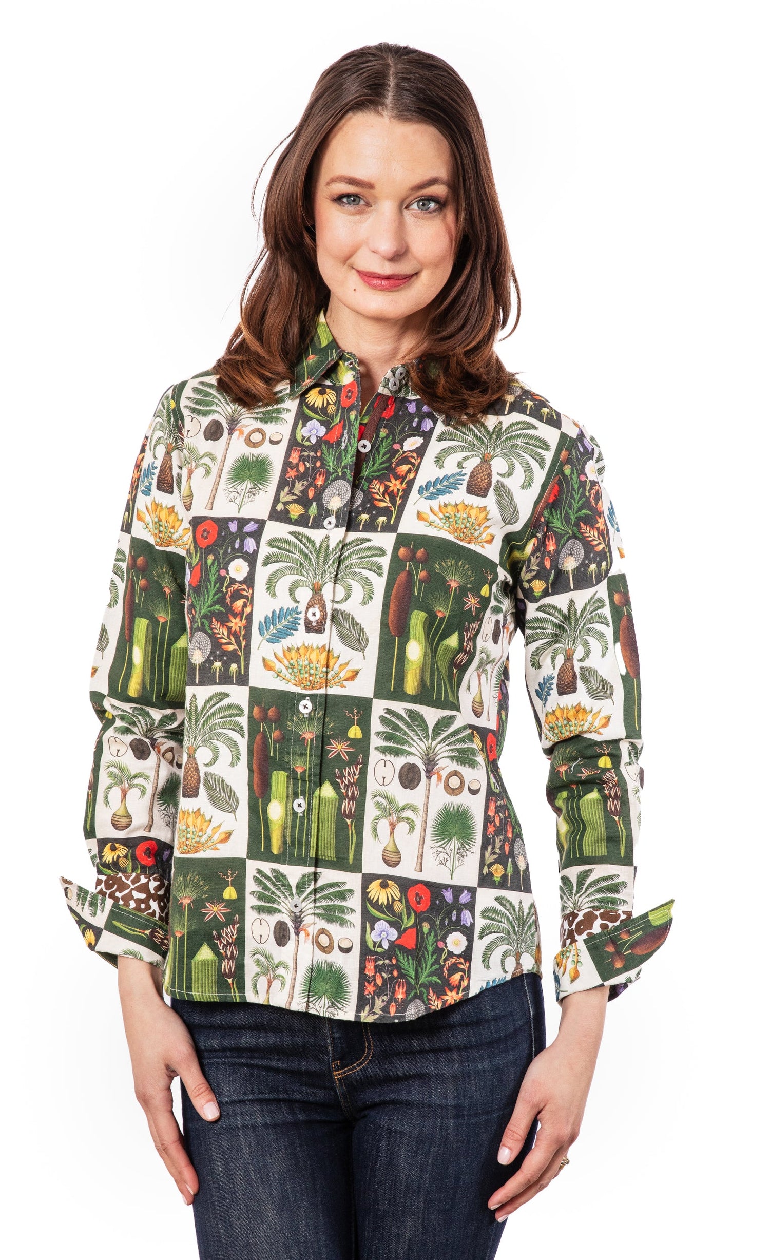Dizzy-Lizzie Rome shirt with patchwork botanical design, featuring colorful floral and leaf patterns on a casual shirt.
