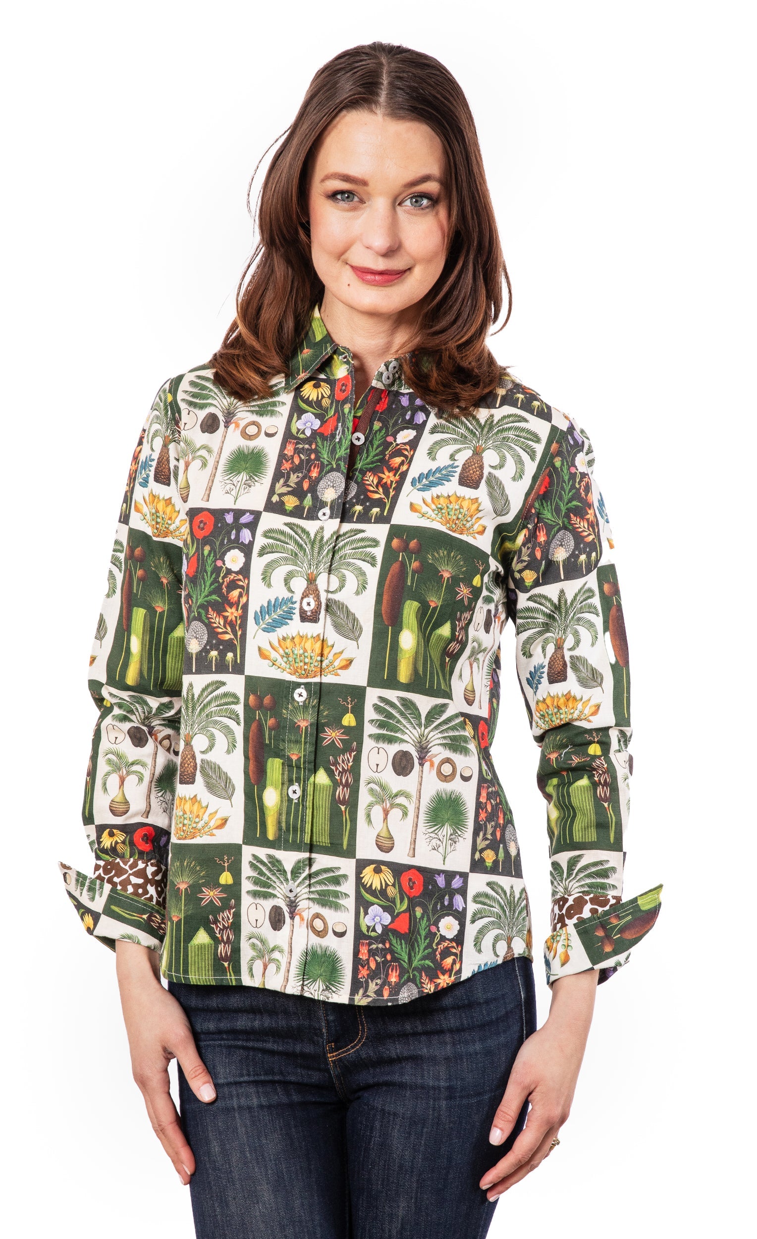Dizzy-Lizzie Rome shirt with patchwork botanical design, featuring colorful floral and leaf patterns on a casual shirt.