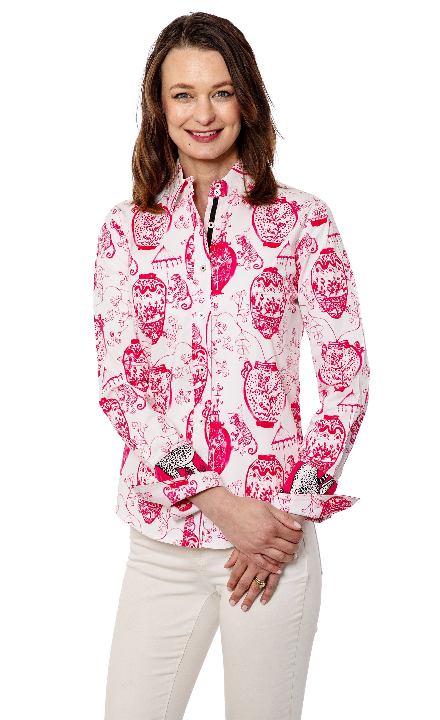 Pink and white Rome shirt by Dizzy-Lizzie featuring chin detailing, displayed on a flat lay with fabric texture visible.
