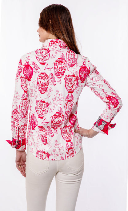 Pink and white Dizzy-Lizzie Rome shirt with chin details, casual fit, stylish for everyday wear.