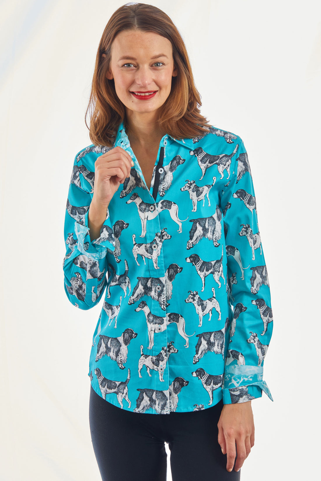 Dizzy-Lizzie Rome Shirt in turquoise with black and white poodle pattern, casual short-sleeve cotton shirt for women.