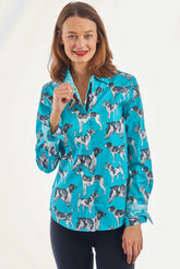 Dizzy-Lizzie Rome Shirt in turquoise with black and white poodle pattern, casual short-sleeve cotton shirt for women.