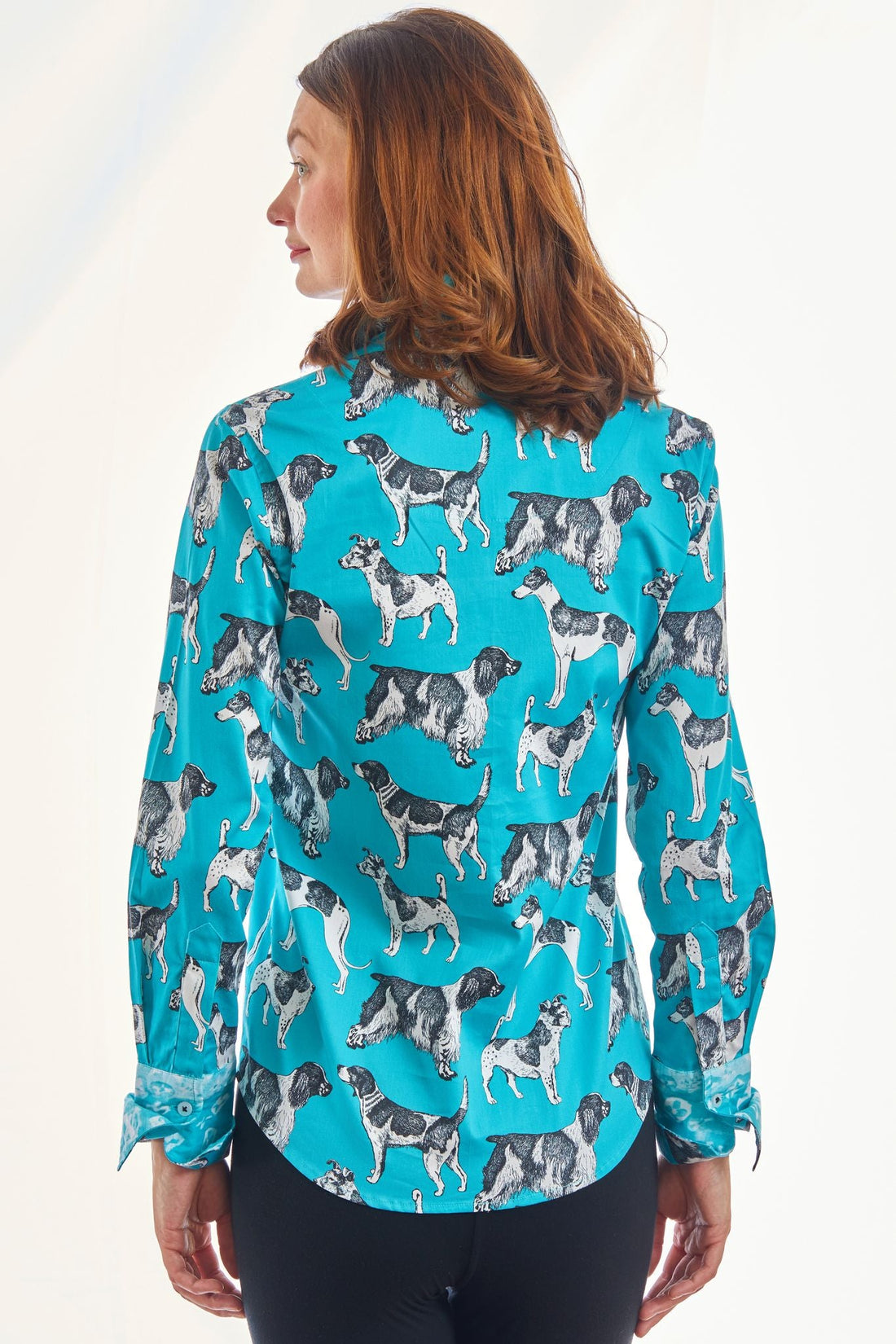 Turquoise Rome shirt by Dizzy-Lizzie featuring black and white Pooches pattern, casual short-sleeve design.