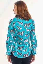 Turquoise Rome shirt by Dizzy-Lizzie featuring black and white Pooches pattern, casual short-sleeve design.