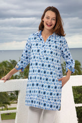 Dizzy-Lizzie blue Vail tunic shirt with ikat print, lightweight fabric, long sleeves, and relaxed fit for casual wear.