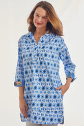 Dizzy-Lizzie Vail Tunic shirt in blue ikat print, lightweight and casual, with a relaxed fit and vibrant pattern.