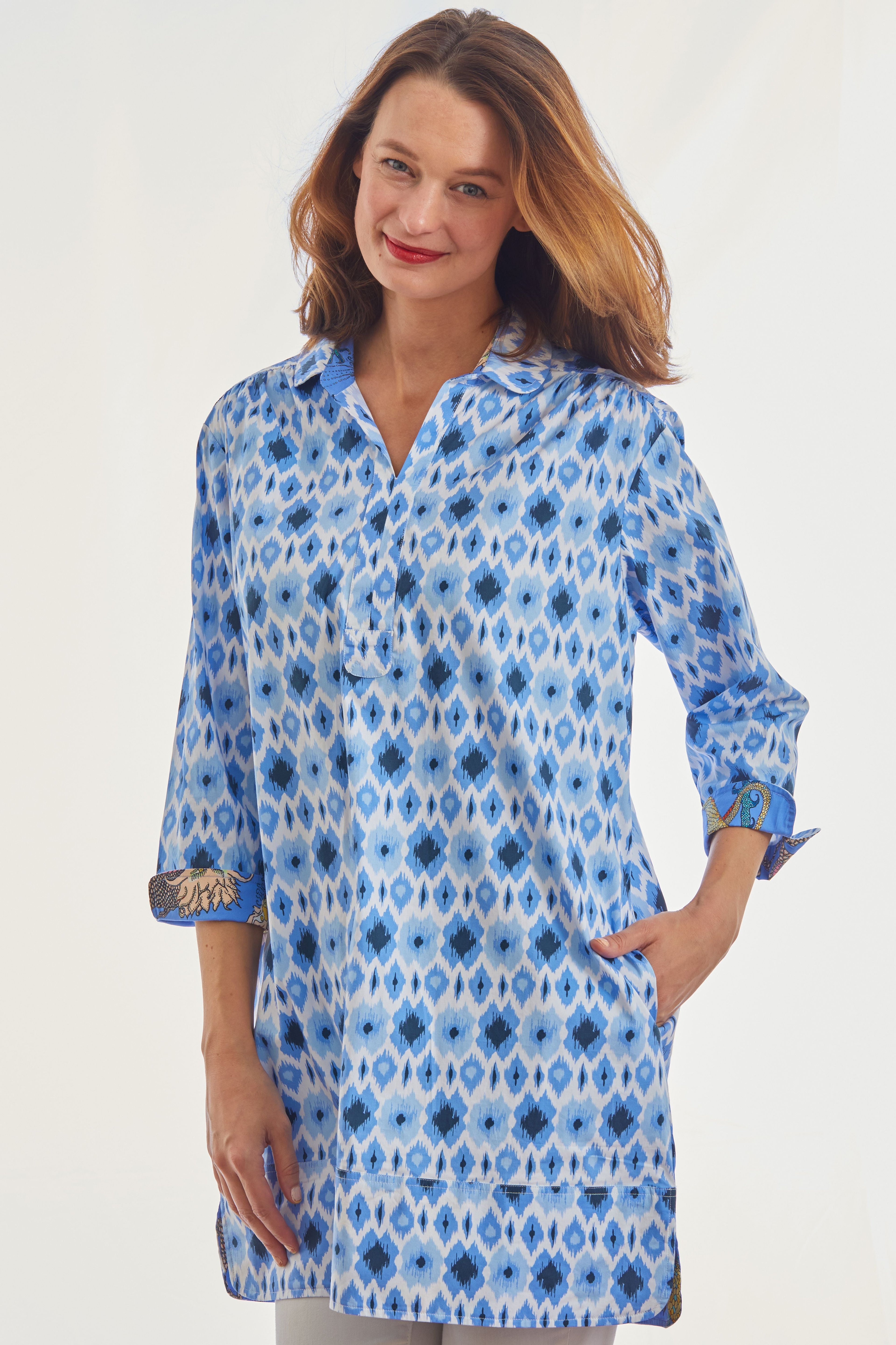 Blue Vail Tunic shirt with Ikat print by Dizzy-Lizzie, featuring a relaxed fit and vibrant pattern.
