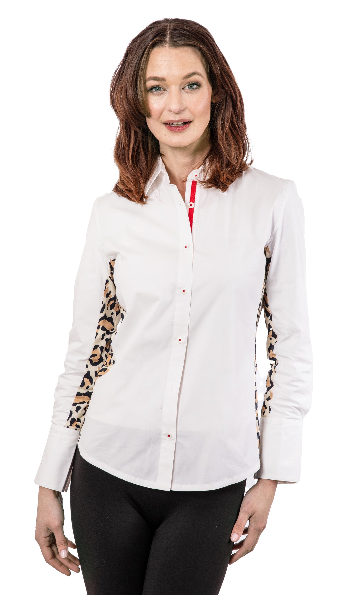 White shirt with leopard print inserts by Dizzy-Lizzie, featuring a classic fit and stylish design.