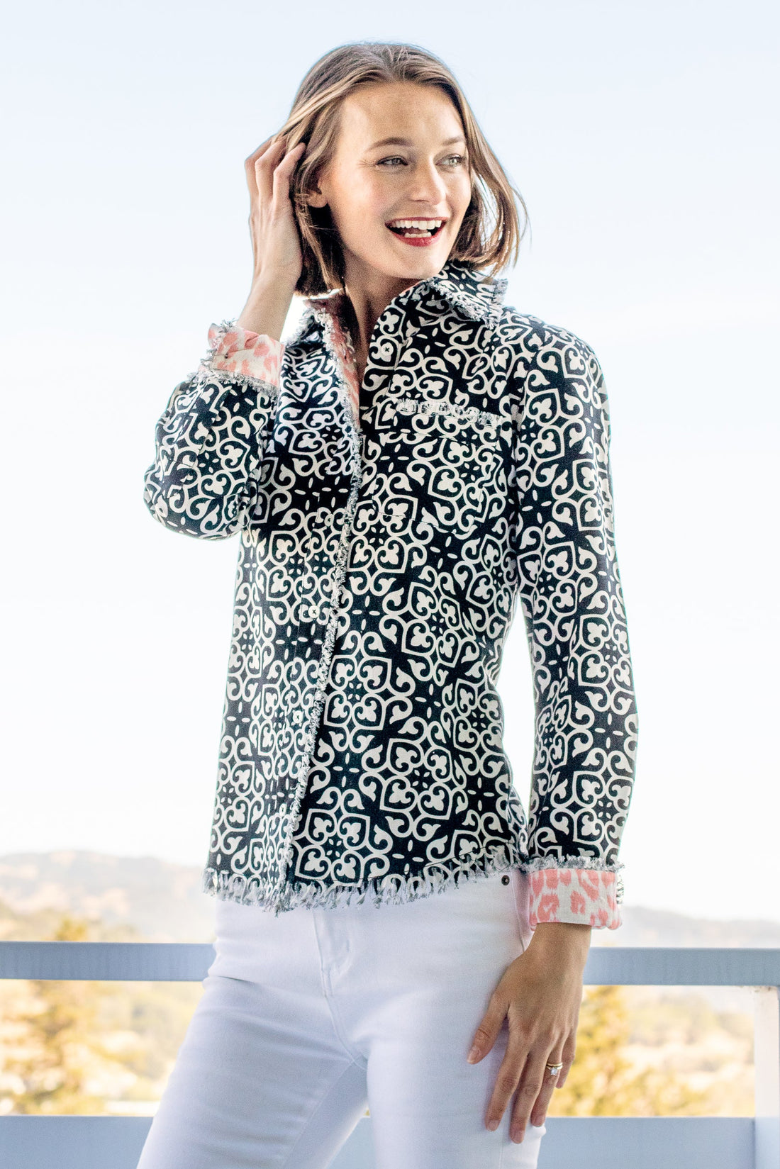 Dizzy-Lizzie Cape Cod shirt with black and white geometric print, lightweight casual shirt for women, front view.