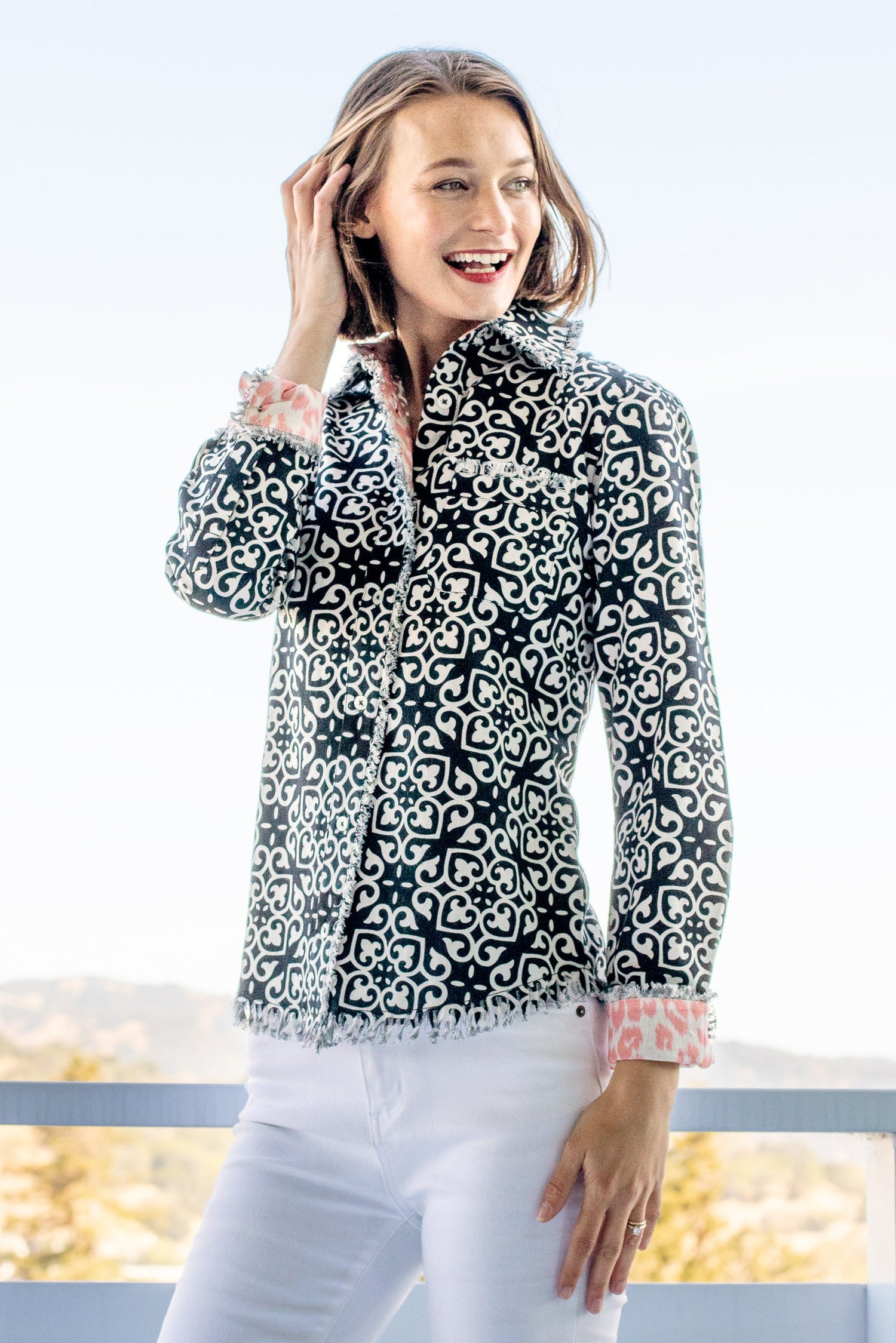 Dizzy-Lizzie Cape Cod shirt with black and white geometric print, lightweight casual shirt for women, front view.