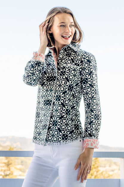 Dizzy-Lizzie Cape Cod shirt with black and white geometric print, lightweight casual shirt for women, front view.