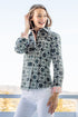 Dizzy-Lizzie Cape Cod shirt with black and white geometric print, lightweight casual shirt for women, front view.