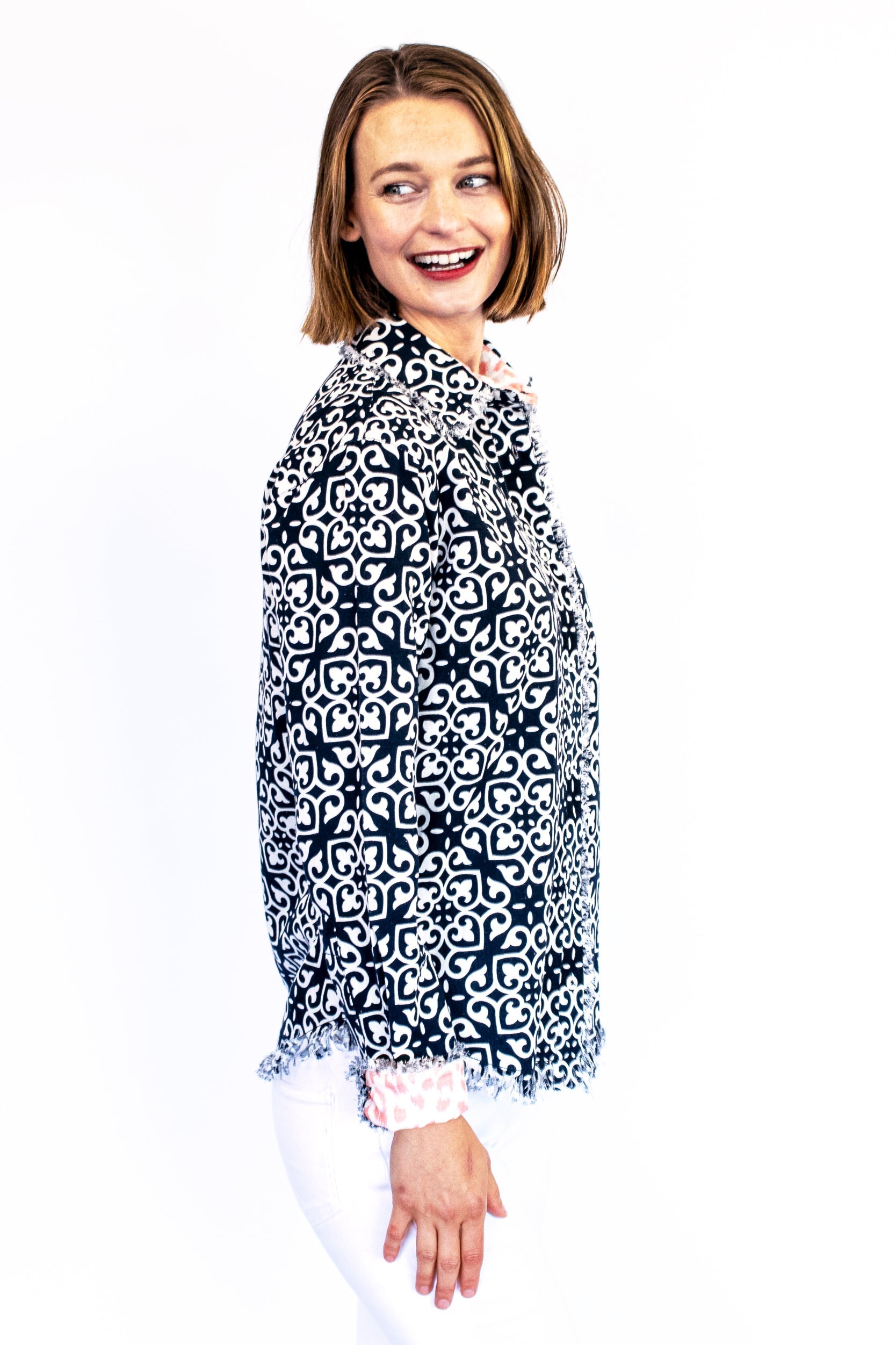 Dizzy-Lizzie Cape Cod shirt with black and white geometric print, casual button-up shirt for women.