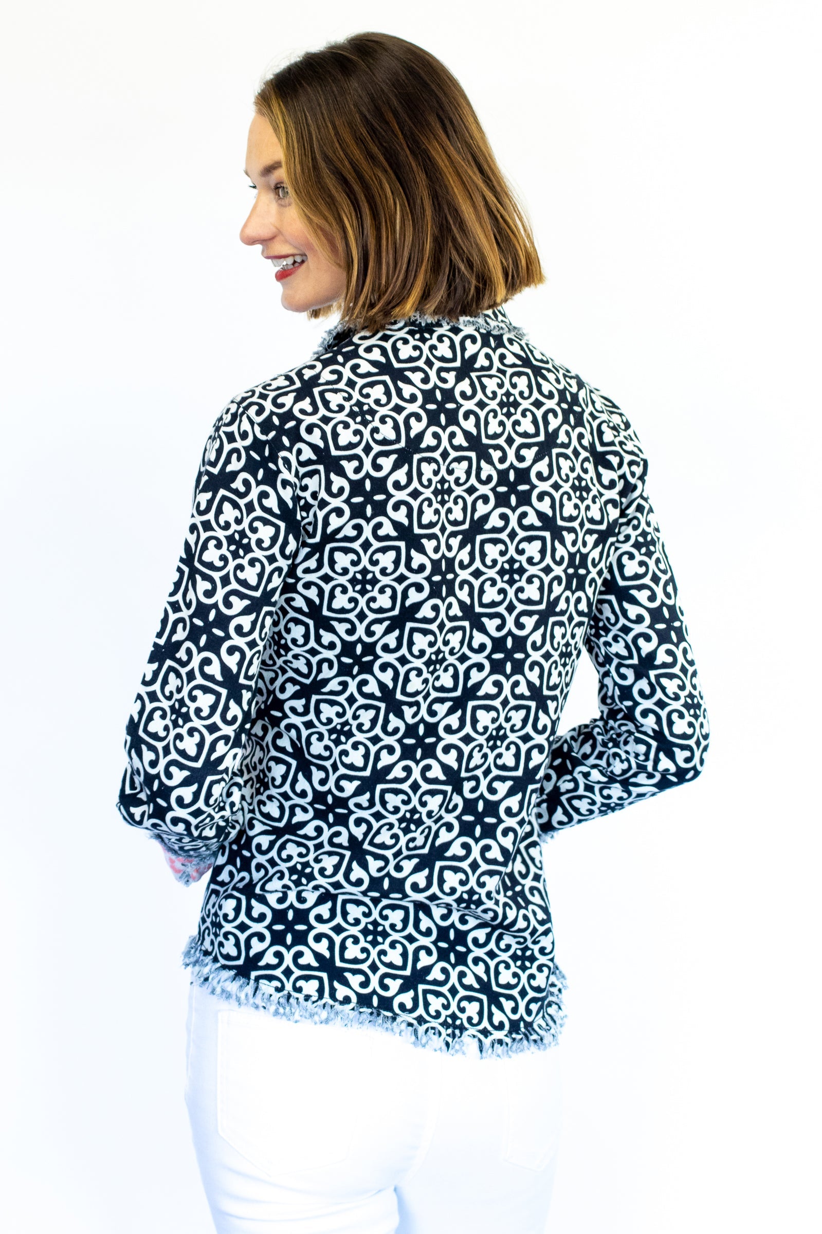 Dizzy-Lizzie Cape Cod shirt with black and white geometric print, showcasing a stylish patterned shirt design.