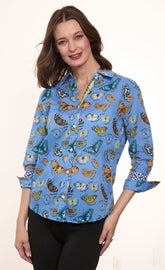 Dizzy-Lizzie 3/4 sleeve Rome shirt in blue cotton voile with butterfly print, lightweight and stylish for casual wear.