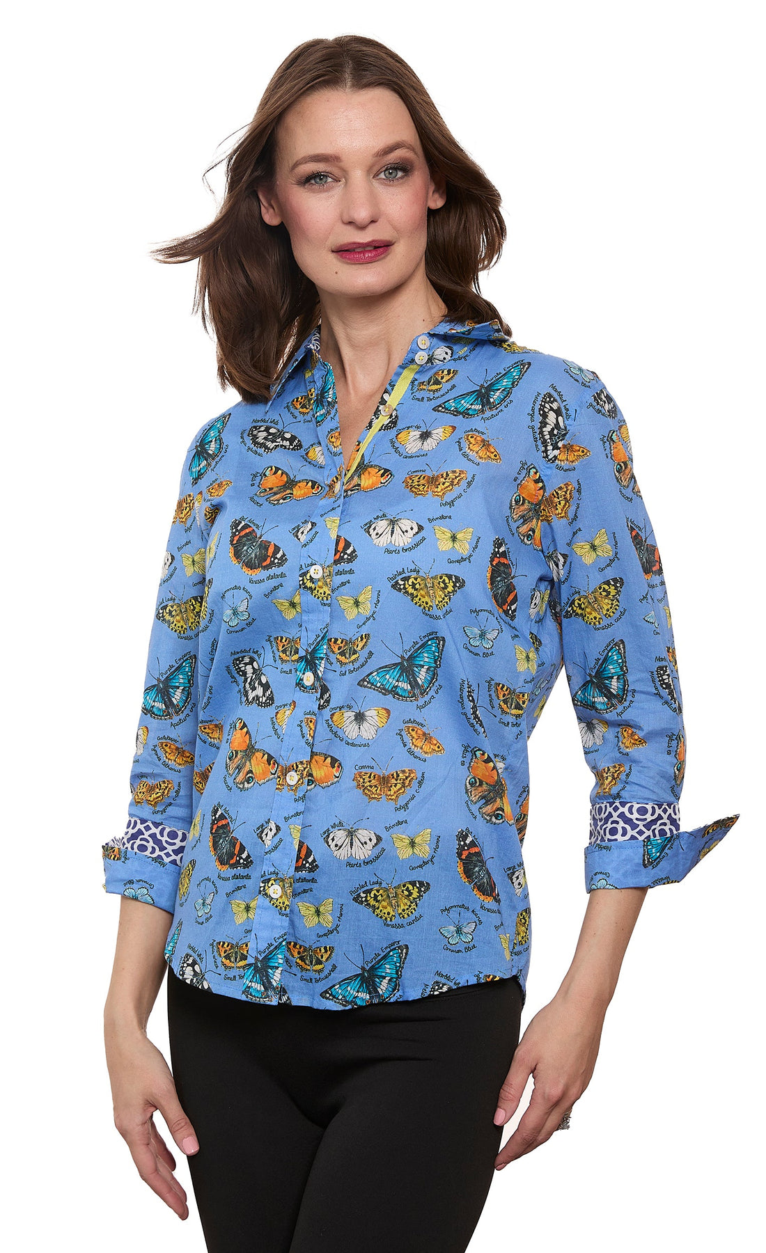 Dizzy-Lizzie 3/4 sleeve Rome shirt in blue cotton voile with butterfly print, featuring a stylish and lightweight design.