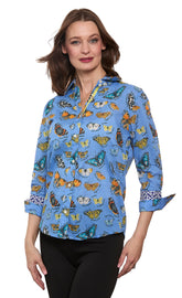Dizzy-Lizzie 3/4 sleeve Rome shirt in blue cotton voile with butterfly print, featuring a stylish and lightweight design.