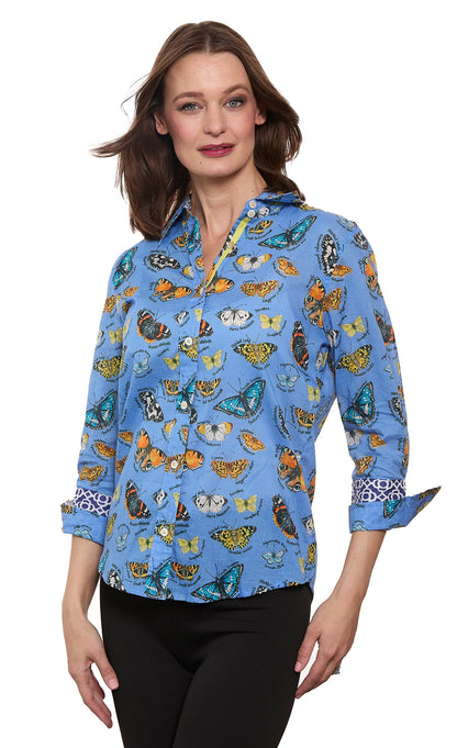 Dizzy-Lizzie 3/4 sleeve Rome shirt in blue cotton voile with butterfly print, casual and lightweight for warm weather.