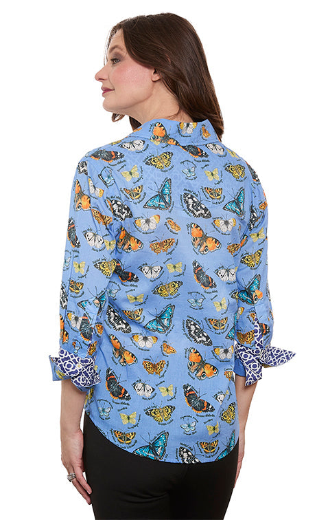 Blue cotton voile 3/4 sleeve Rome shirt by Dizzy-Lizzie with butterfly print, lightweight and stylish for casual wear.