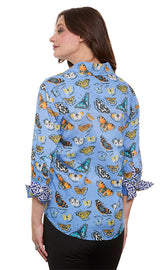 Blue cotton voile 3/4 sleeve Rome shirt by Dizzy-Lizzie with butterfly print, lightweight and stylish for casual wear.