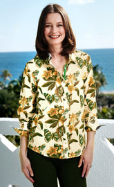 Dizzy-Lizzie 3/4 sleeve Rome shirt with butterfly print, lightweight cotton fabric, casual fit, and feminine design.