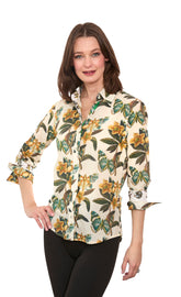 Dizzy-Lizzie 3/4 sleeve Rome shirt with butterfly print, lightweight casual shirt for women