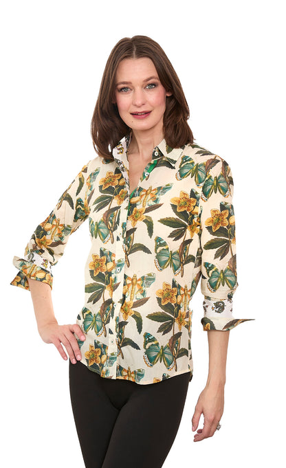 Dizzy-Lizzie 3/4 sleeve Rome shirt with butterfly print, featuring lightweight fabric and casual fit, shown on a hanger.