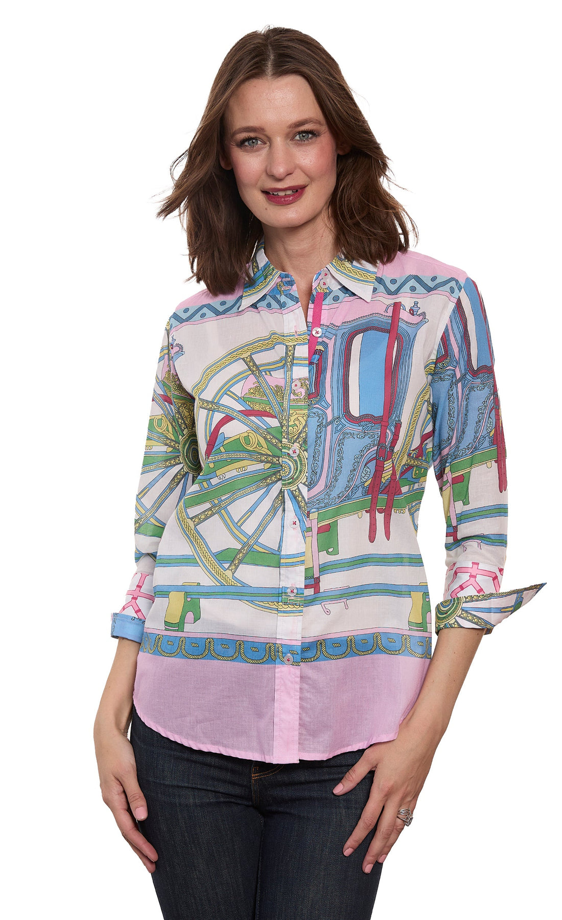 Dizzy-Lizzie 3/4 sleeve Rome shirt in pink with a relaxed fit and button-up front, displayed on a hanger.