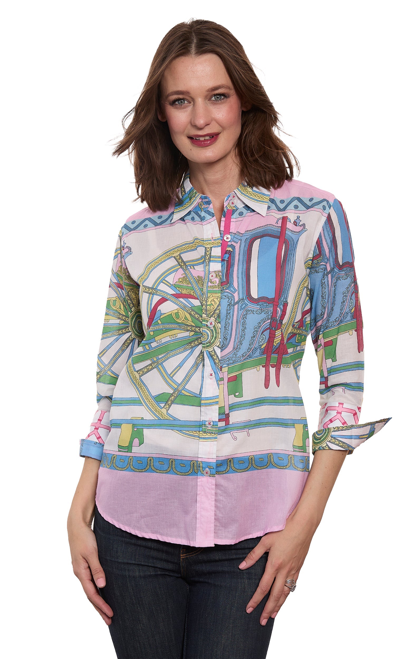 Dizzy-Lizzie 3/4 sleeve Rome shirt in pink with a relaxed fit and button-up front, displayed on a hanger.