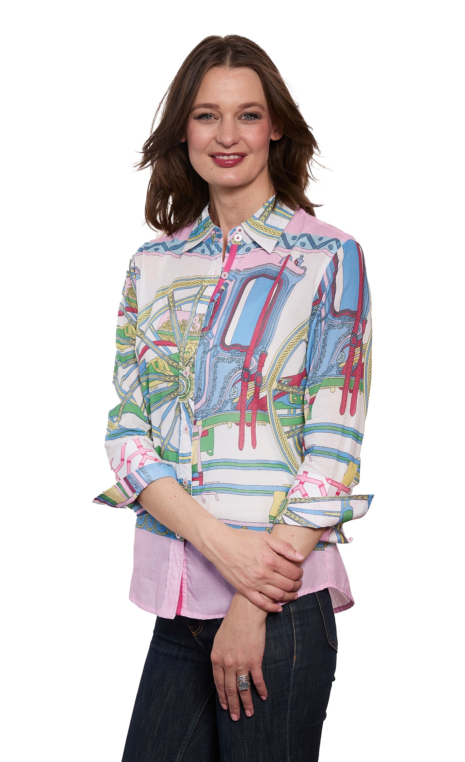 Dizzy-Lizzie 3/4 sleeve Rome shirt in pink, featuring a stylish design, perfect for casual or office wear.