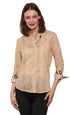 Dizzy-Lizzie 3/4 sleeve Rome shirt in khaki and white voile with wicker print, casual and stylish for warm weather.