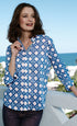 Navy and white 3/4 sleeve Rome shirt by Dizzy-Lizzie with voile fabric and wicker print design.