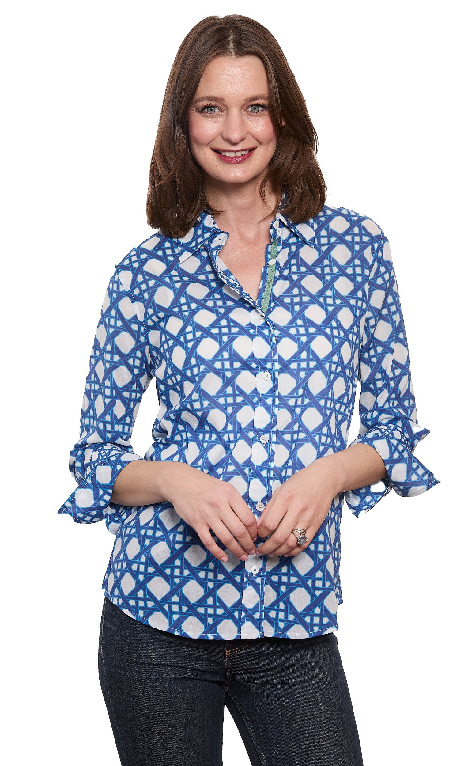 Navy and white 3/4 sleeve Rome shirt by Dizzy-Lizzie with voile fabric and wicker print, shown on a hanger.