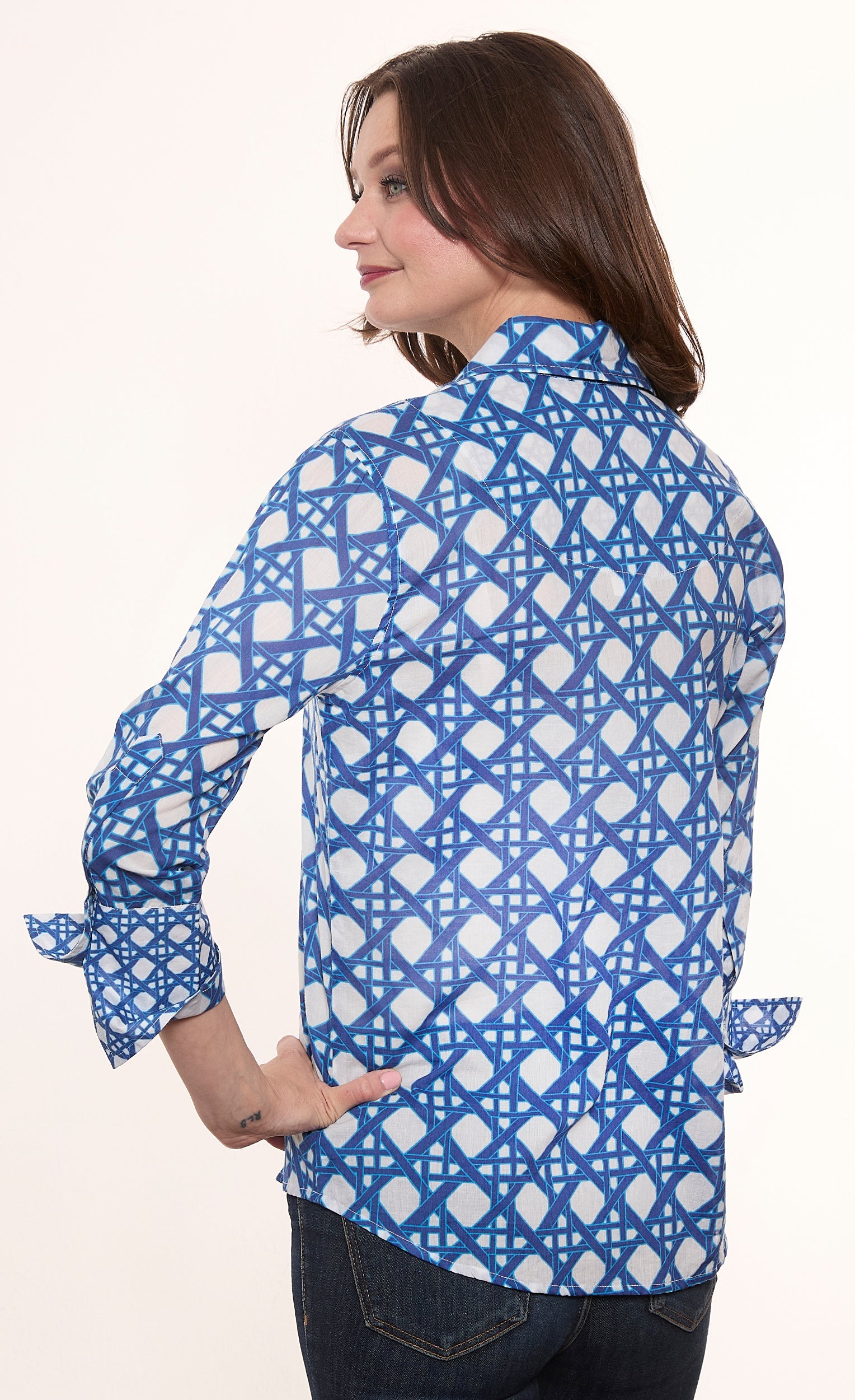 Navy and white voile Rome shirt with 3/4 sleeves and wicker print by Dizzy-Lizzie, shown with a relaxed fit and stylish design.
