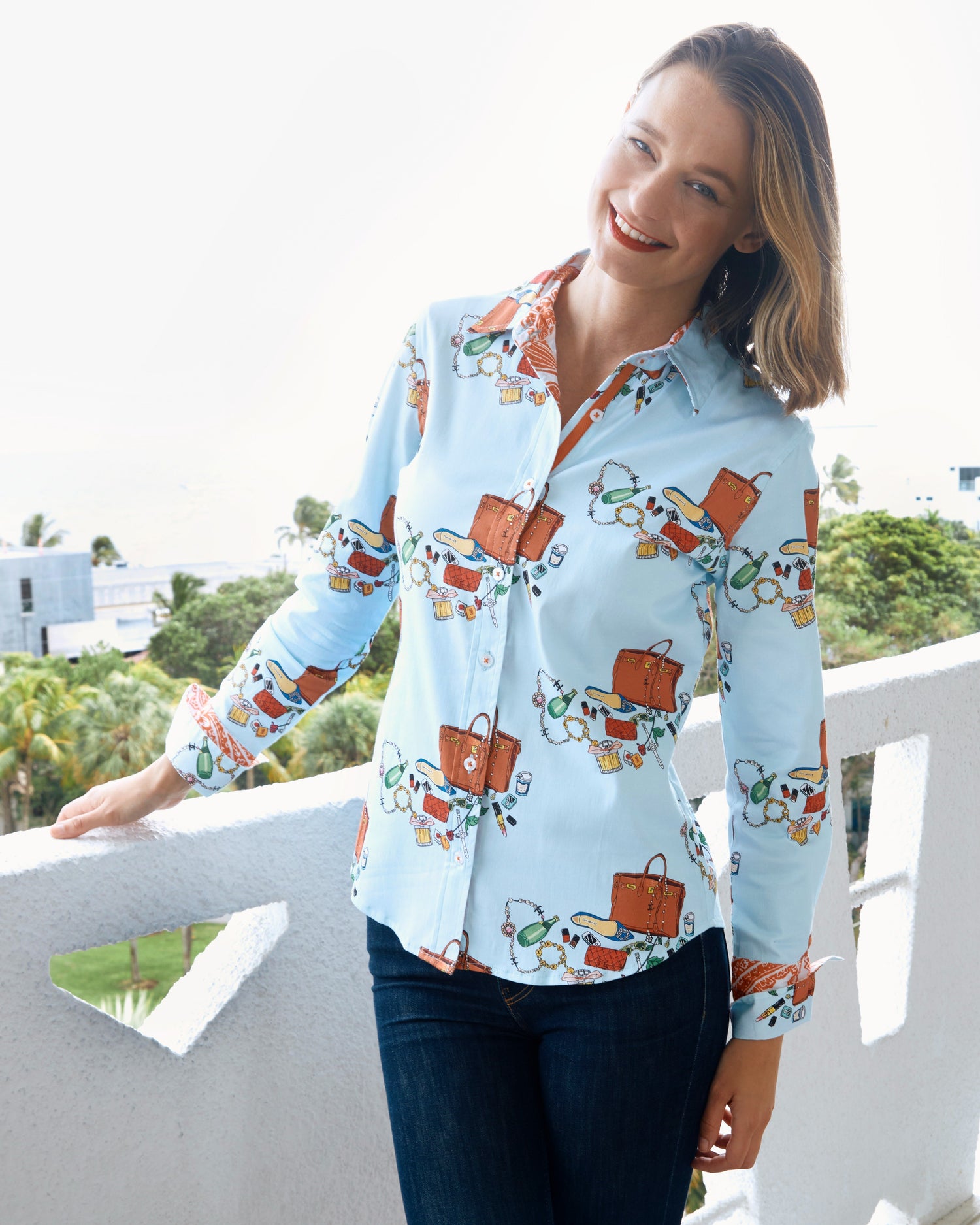Dizzy-Lizzie Rome Shirt featuring Perrier and Kelly Bags, stylish casual shirt with vibrant print and comfortable fit.