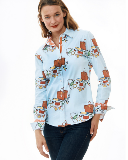Dizzy-Lizzie Rome shirt paired with Perrier and Kelly bags, featuring stylish designs and vibrant colors.