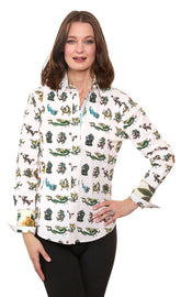 Dizzy-Lizzie Rome Shirt in mini dragon print, lightweight cotton with long sleeves and button front, casual stylish shirt.