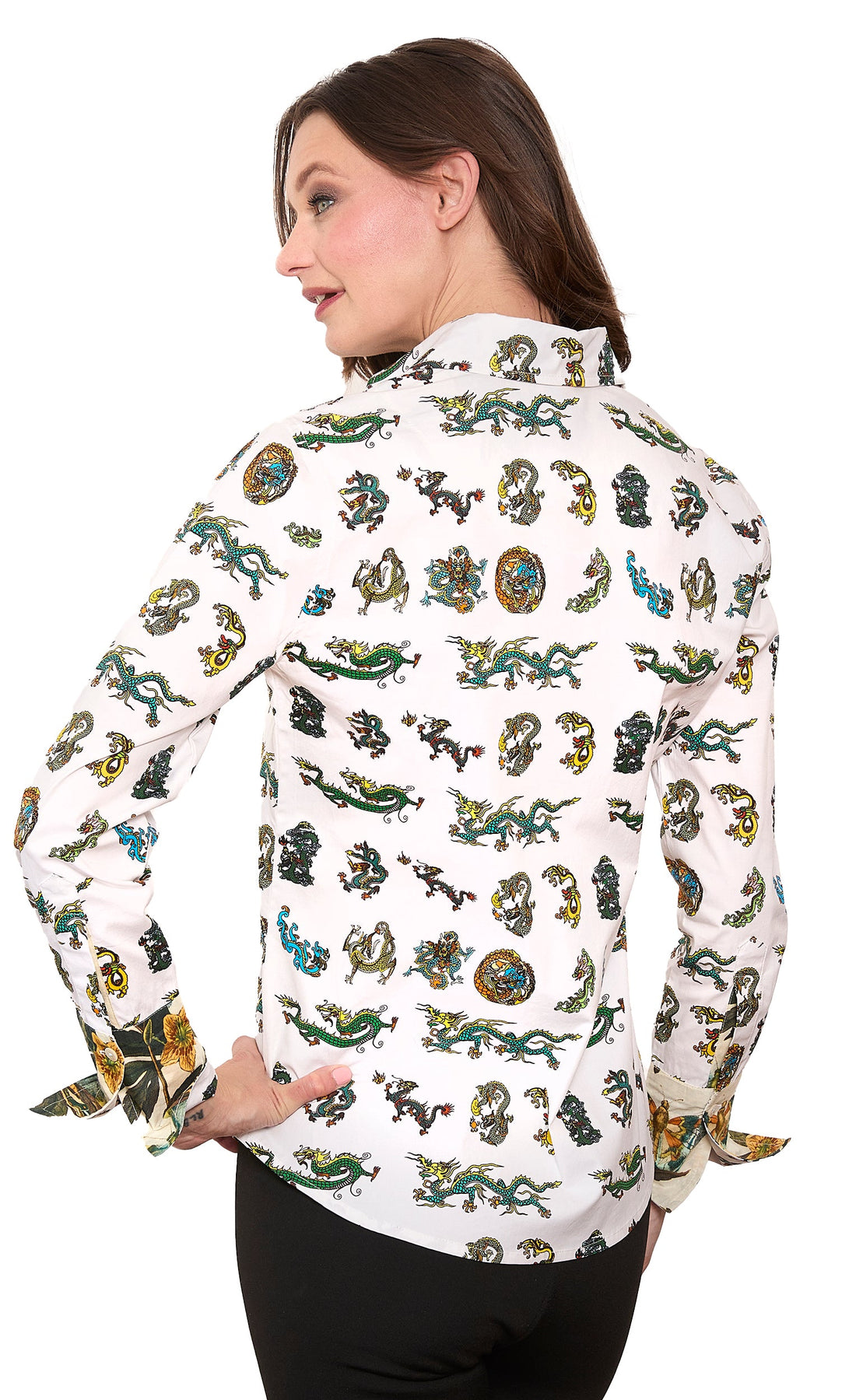 Dizzy-Lizzie Rome Shirt mini dragon print, lightweight casual shirt with a playful dragon pattern displayed on a hanger.