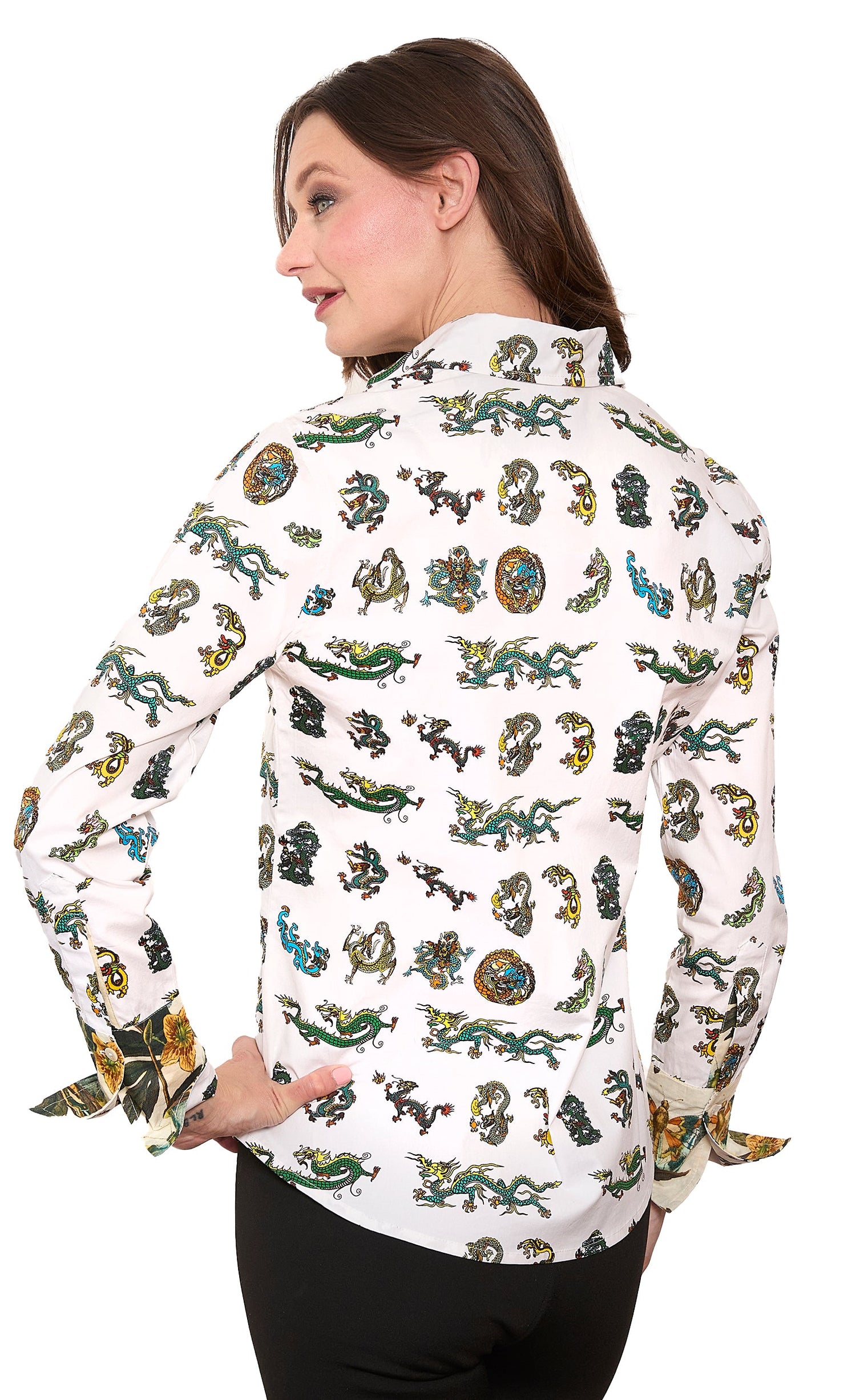 Dizzy-Lizzie Rome Shirt with mini dragon print, lightweight casual shirt featuring a button-up design and long sleeves.