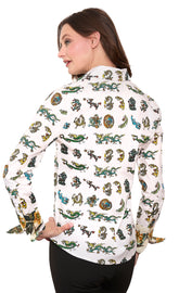 Dizzy-Lizzie Rome Shirt mini dragon print, lightweight casual shirt with a playful dragon pattern displayed on a hanger.