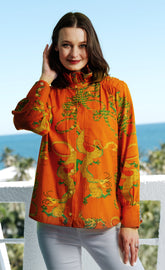 Dizzy-Lizzie Sun Valley oversized shirt with ruffle collar, orange dragon print, cotton linen fabric, casual women&