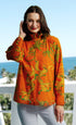 Dizzy-Lizzie Sun Valley oversized shirt with ruffle collar, orange dragon print, made of cotton linen fabric.